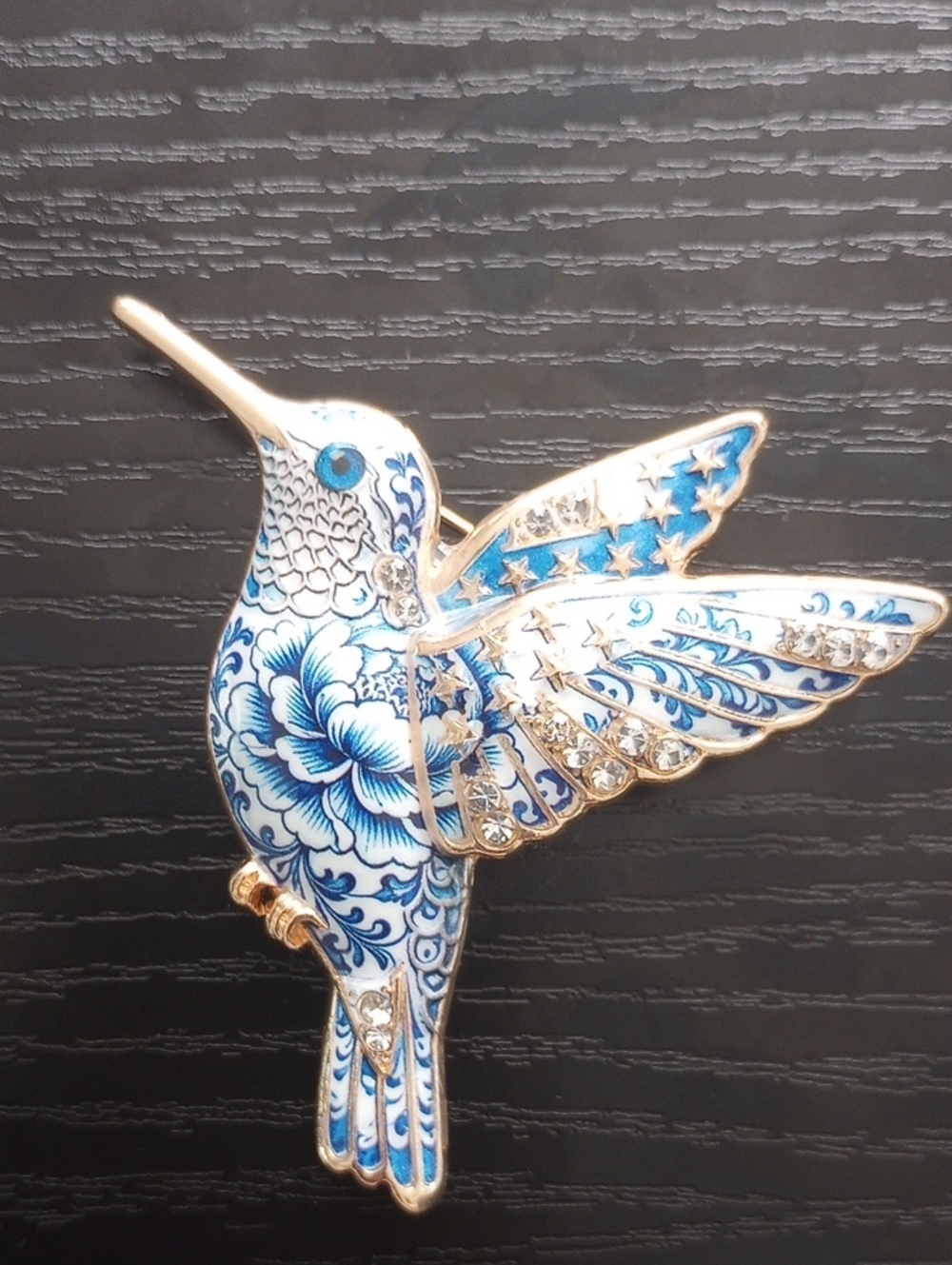 Blue White Delft Golden Hummingbird Enamel Rhinestone Bird Brooch Pin